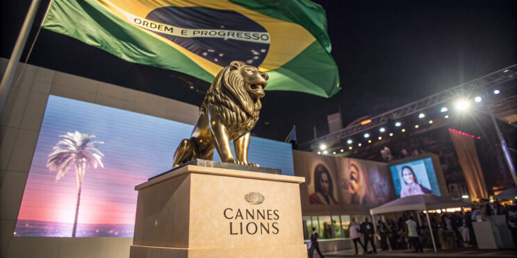 Brazilian flag waving behind golden Cannes Lions trophy statue with creative work displayed in background